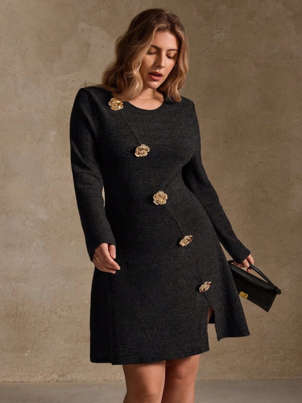 Black Elegant Women's Plus Size Ribbed Knit Metal Button Casual Dress